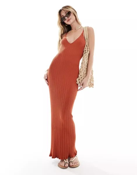 Платье макси Asos Design Knitted Strappy V Neck, темно-красный