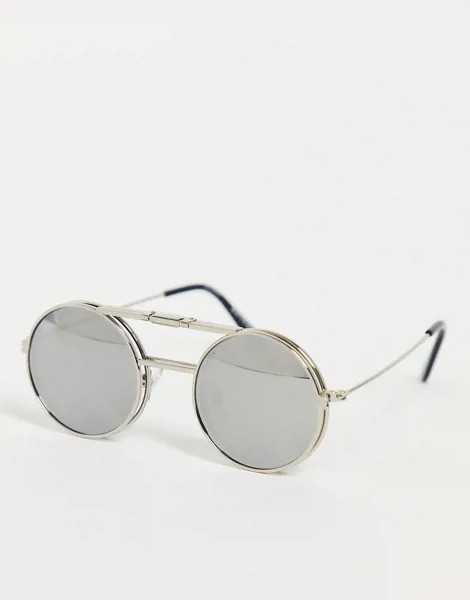 Серебристые солнцезащитные очки круглой формы в стиле унисекс с серебристыми зеркальными линзами Spitfre Lennon Flip-Серебристый