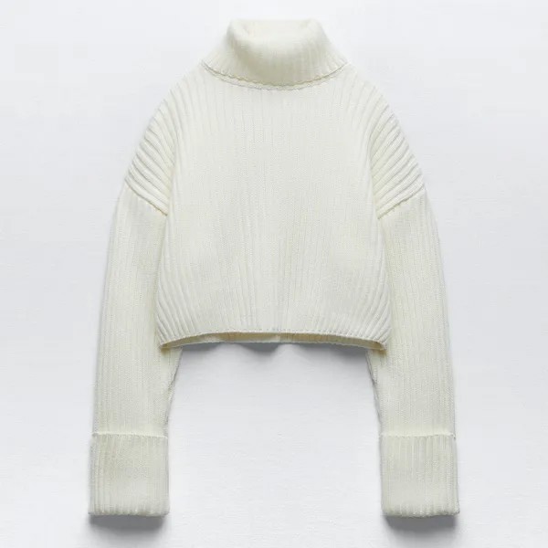 Свитер Zara Ribbed Knit Cropped, кремовый