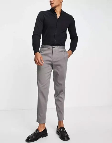 Серые зауженные классические брюки из смесового хлопка Selected Homme с эластичным поясом