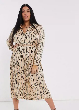 Атласное платье-рубашка миди со звериным принтом ASOS DESIGN Curve-Мульти