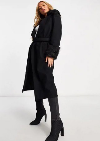 Черное пальто из искусственного меха с поясом Unique21-Черный цвет