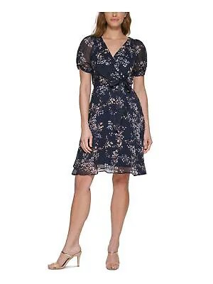DKNY Womens Navy Twist Cuffs Twist Cuffs Tie Belt Lined Short Sleeve Faux Wrap Dress 10