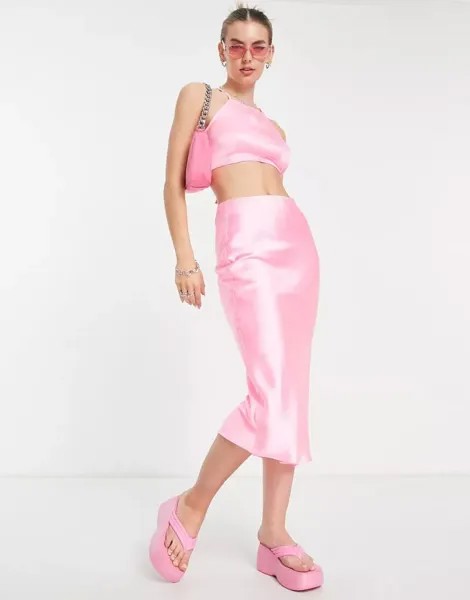 Комбинированная струящаяся розовая атласная юбка миди COLLUSION