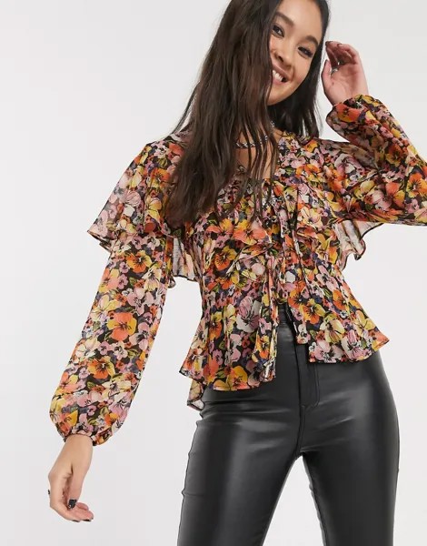 Разноцветная блузка с цветочным принтом и оборками Topshop-Мульти