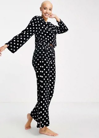 Бархатная пижама с вышивкой и принтом в горошек Lost Ink-Черный цвет