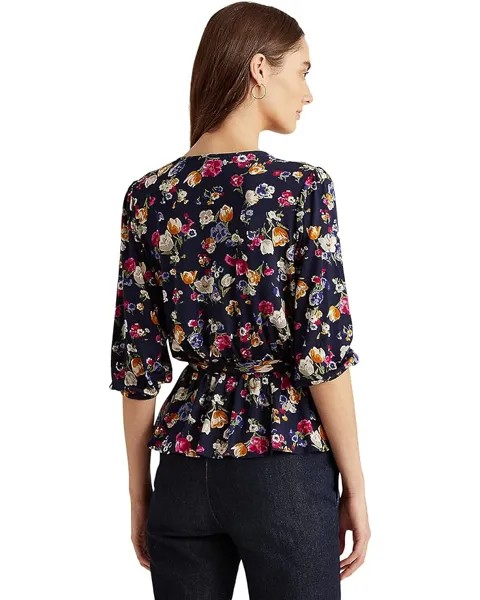 Блуза LAUREN Ralph Lauren Petite Floral Jersey Faux-Wrap Peplum Blouse, цвет French Navy Multi