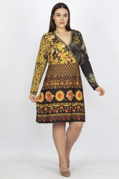 Женское яркое платье большого размера с блестящими полосками на воротнике 65n23672 Şans, разноцветный