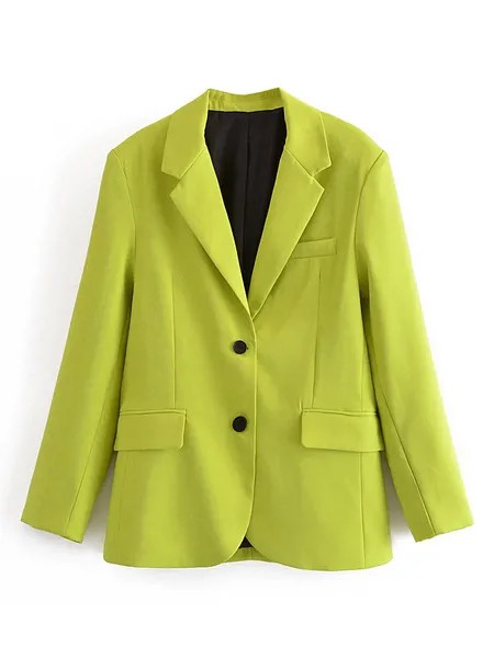 Milanoo Blazer For Women Chartreuse Polyester Turndown Collar Buttons Long Sleeves Oversized Overcoa