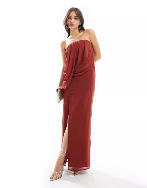 Платье макси Asos Design Bandeau Draped, темно-красный