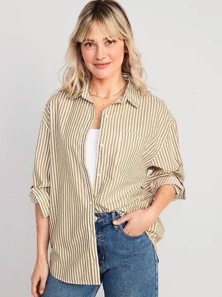 Рубашка бойфренда из поплина Old Navy, бежевого цвета в полоску, размер XS