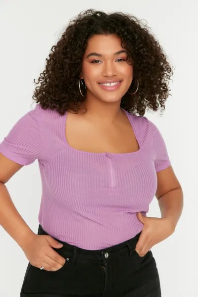 Сиреневая трикотажная блузка с квадратным вырезом и молнией Trendyol, фиолетовый