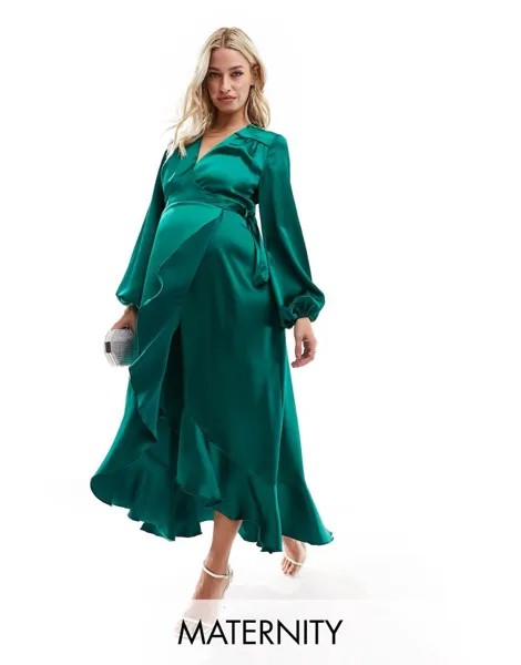 Изумрудно-зеленое атласное платье с запахом Flounce London Maternity