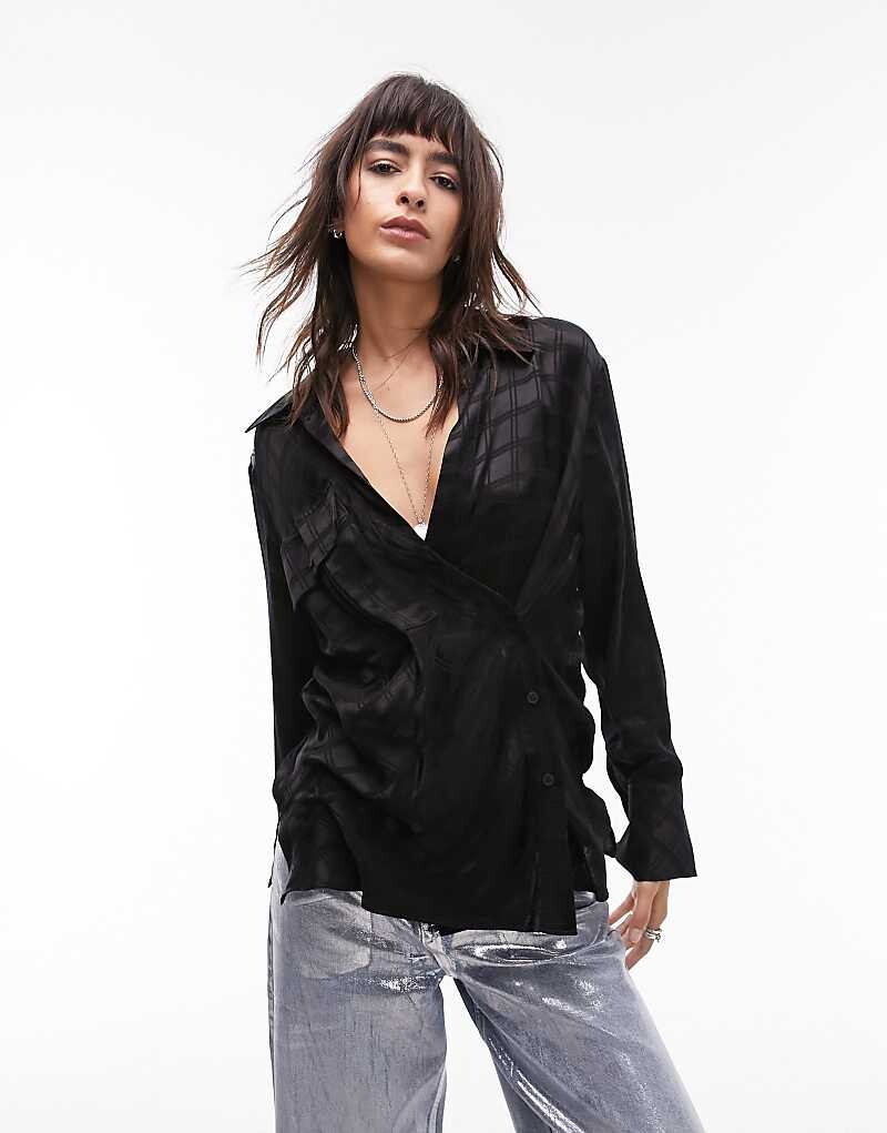 Topshop - Черная атласная рубашка в клетку