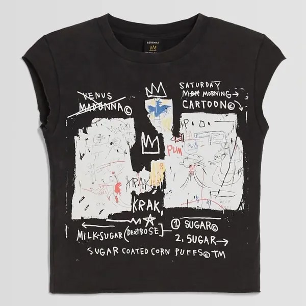 Футболка Bershka Jean-Michel Basquiat Print Short Sleeve, темно-серый