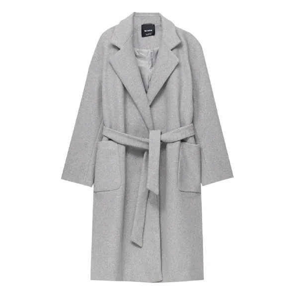 Пальто Pull&Bear Long Felt Texture With Belt, серый