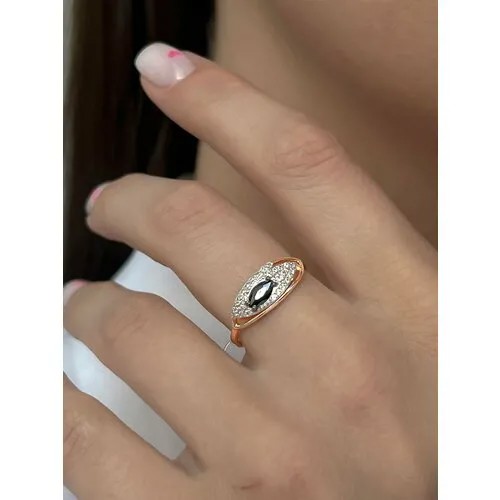 Кольцо Trade Jewelry из серебра 925 пробы (покрытие золото 585) с черной шпинелью и белыми фианитами