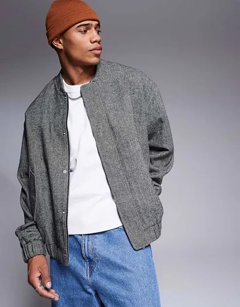 ASOS DESIGN — Черный бомбер оверсайз с узором «елочка» из искусственной шерсти
