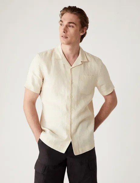 Рубашка из чистого льна с кубинским воротником Marks & Spencer, экрю