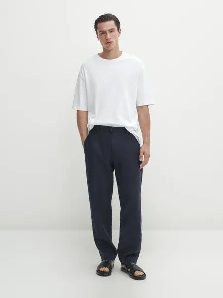 Хлопковая футболка с заниженными плечами и круглым вырезом Massimo Dutti, белый