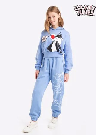 Голубые спортивные брюки с принтом LOONEY TUNES для девочки Gloria Jeans