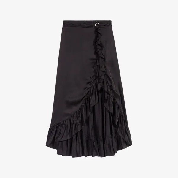 Асимметричная атласная юбка макси с оборками Maje, цвет noir / gris