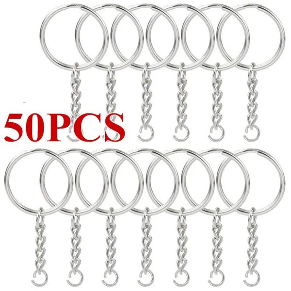 50pcs Keyring Бланки Keychain Key Fob Сплит Кольца 4 Ссылка Цепь Серебряный цвет