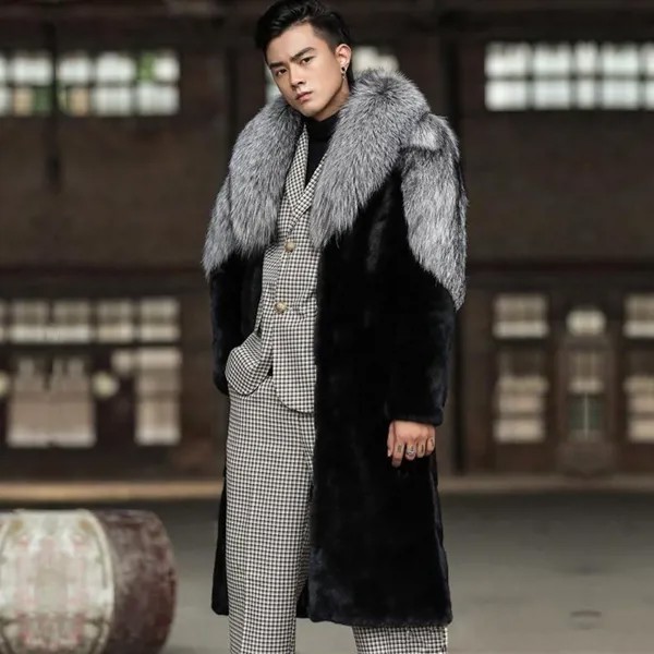 Мужское меховое пальто, Норковое меховое цельное Норковое Пальто, зимняя теплая Длинная ветровка, модная повседневная