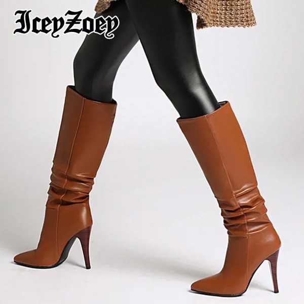 IceyZoey, размер 34-43 2023, новые длинные сапоги, однотонная зимняя теплая обувь, сапоги до колена на высоком каблуке, однотонная модная женская обу...