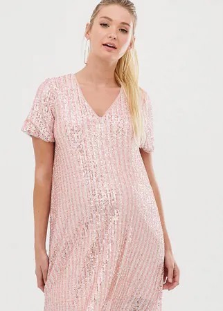 Платье-футболка с полосками и пайетками розового и серебристого цвета TFNC Maternity-Мульти