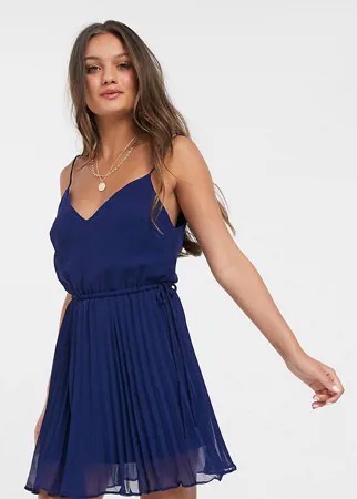 Темно-синее плиссированное платье мини на бретелях со шнурком на талии ASOS DESIGN Petite-Темно-синий