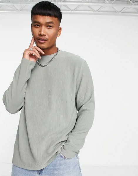 Плотный свободный лонгслив в рубчик выбеленного цвета хаки ASOS DESIGN-Зеленый цвет