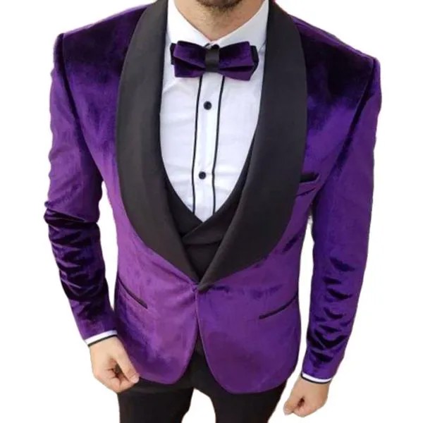 Мужской бархатный костюм для выпускного вечера, сиреневый облегающий костюм с черной шалью и лацканами, смокинг для жениха на свадьбу, мужской модный костюм, блейзер и брюки