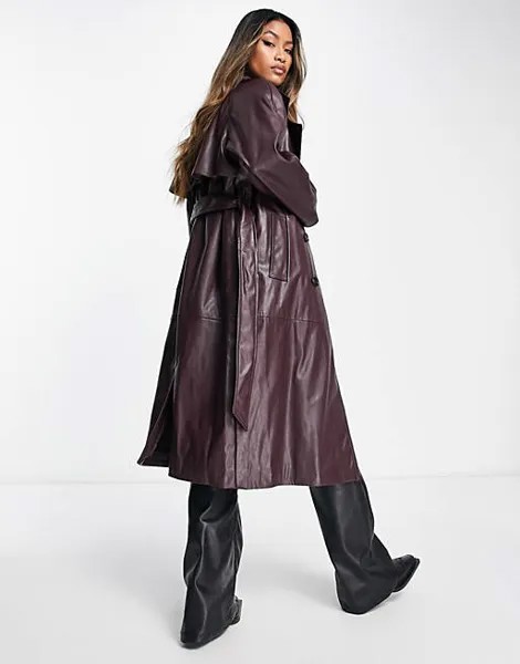 Бордовый тренч из искусственной кожи Bershka