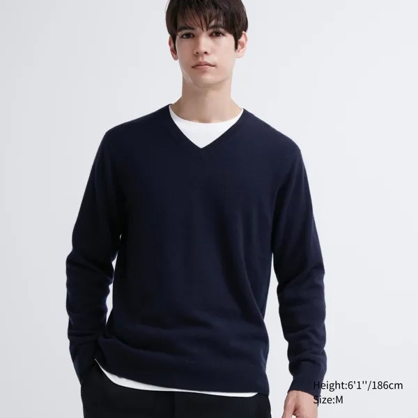 Джемпер из 100% кашемира с V-образным вырезом Uniqlo, темно-синий