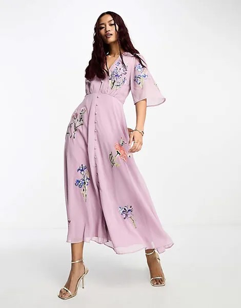 Сиреневое платье макси с глубоким вырезом и вышивкой Hope & Ivy