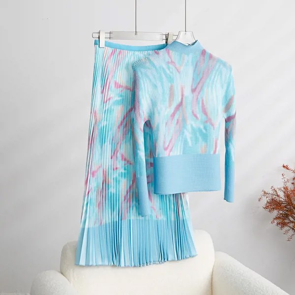 Модный плиссированный комплект с юбкой для женщин, Весенняя Новинка, темпераментная камуфляжная плиссированная футболка из двух предметов, Топ