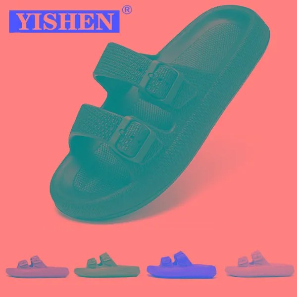 Шлепанцы YISHEN для мужчин и женщин, сланцы, подушка, Нескользящие, Эва, толстая платформа, двойная Пряжка, комнатные пляжные тапочки на плоской подошве