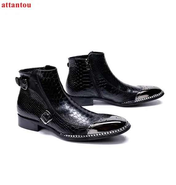 Черные мужские короткие ботинки из змеиной кожи, серебристые мужские ботильоны с круглым носком, высокие осенне-зимние модные кожаные стро...
