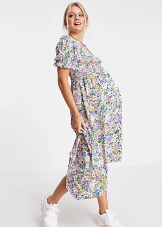 Чайное платье миди с цветочным принтом и сборками на рукавах Influence Maternity-Multi