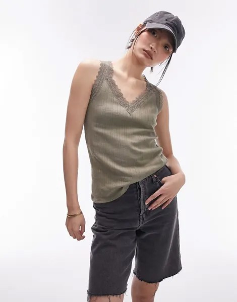 Кружевная майка цвета хаки с v-образным вырезом Topshop