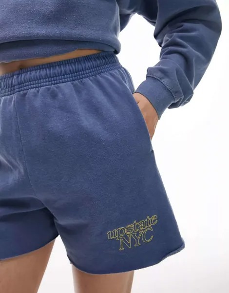 Темно-синие шорты-джоггеры Topshop Co-ord Upstate NYC с вышивкой в ​​винтажном стиле и необработанным краем