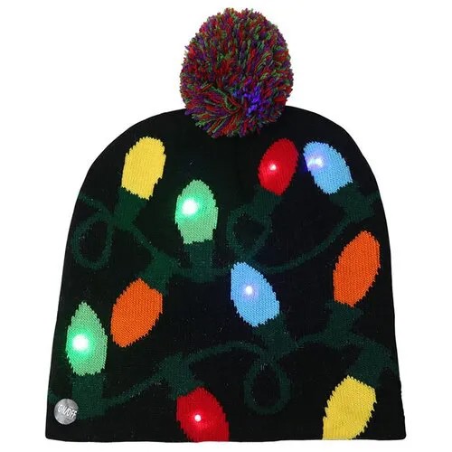 Вязаная новогодняя шапка со светодиодной подсветкой (гирлянда), ZDK, черная
