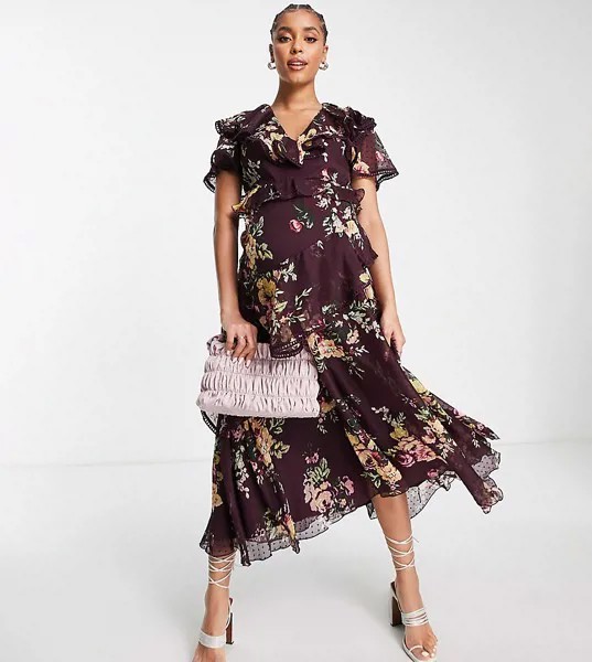 Платье миди из шифона и сетки добби с драпировкой, цветочным принтом и завязывающимся поясом ASOS DESIGN Maternity-Разноцветный