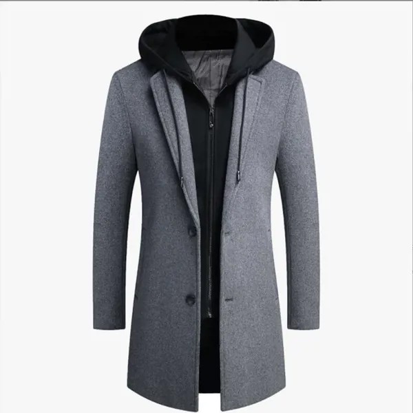 Тренчкот мужской однотонный, Классическая теплая приталенная куртка с лацканами, деловой плащ из смешанной шерсти для отдыха, Осень-зима