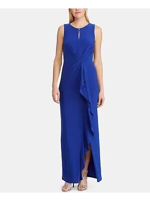 RALPH LAUREN Женское синее вечернее платье-футляр макси без рукавов с оборками и вырезом 4