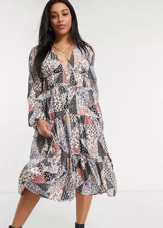 Платье миди в стиле 70-х с присборенной юбкой, V-образным вырезом и принтом в стиле пэчворк Skylar Rose Plus-Многоцветный