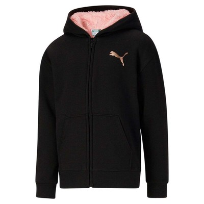 Puma Sherpa Lined Full Zip Hoodie Youth Girls Black Casual Athletic Outerwear 85