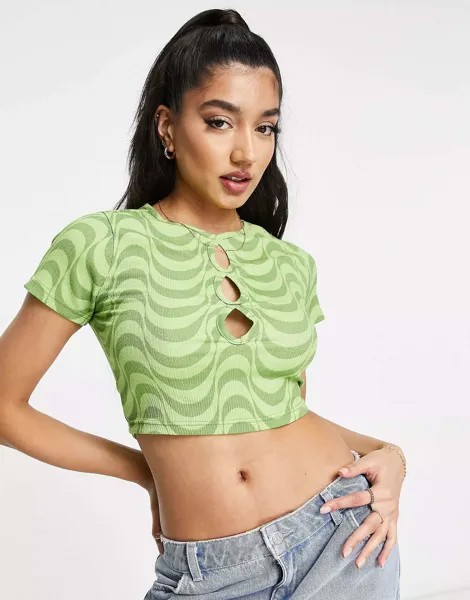 Укороченная футболка Wednesday's Girl с вырезами и зеленым волнистым принтом