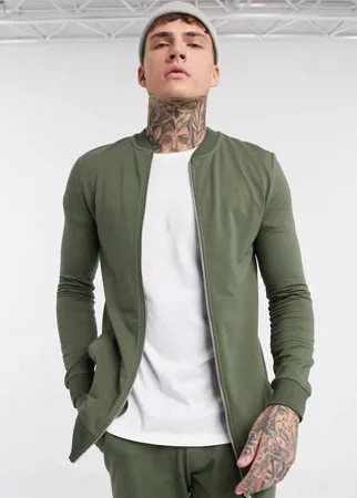 Удлиненный трикотажный бомбер облегающего кроя цвета хаки ASOS DESIGN-Зеленый
